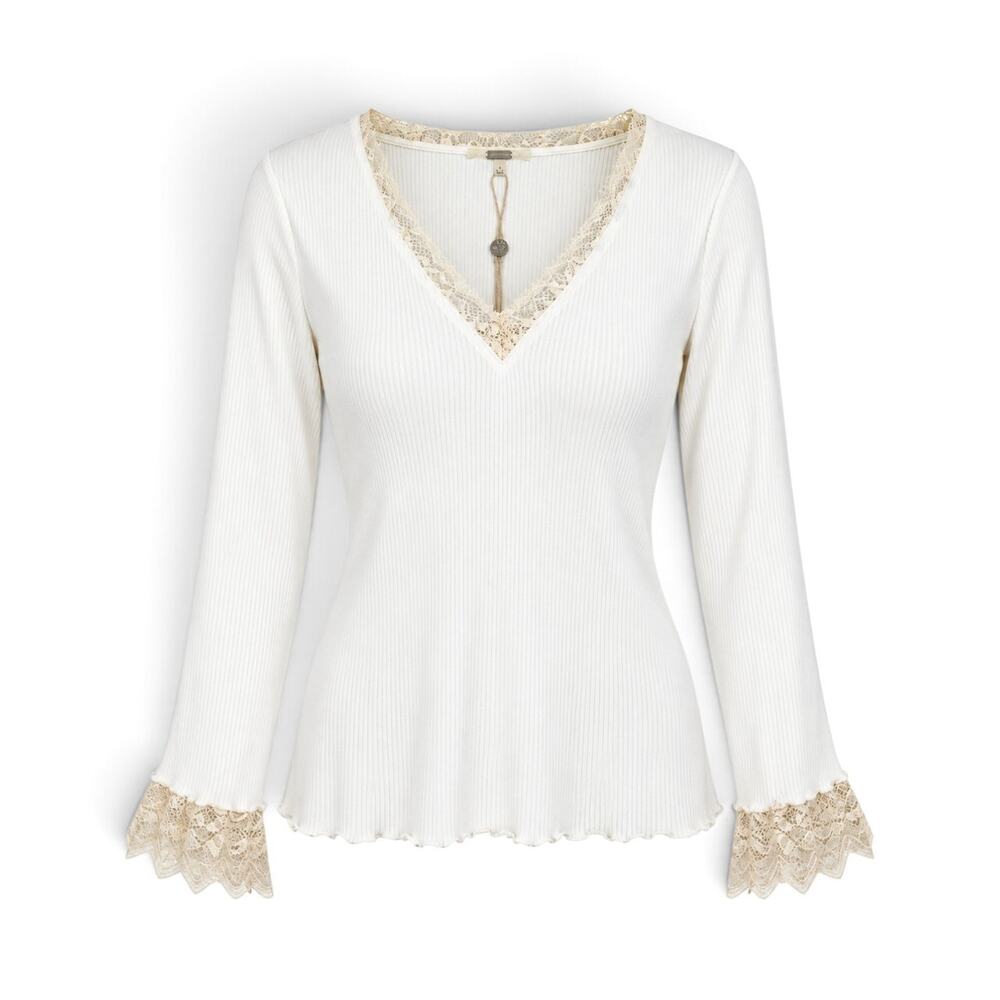 Gimmicks Ribbed Lace Trim V Neck Long Sleeve Top Boho Romantic Coquette Large